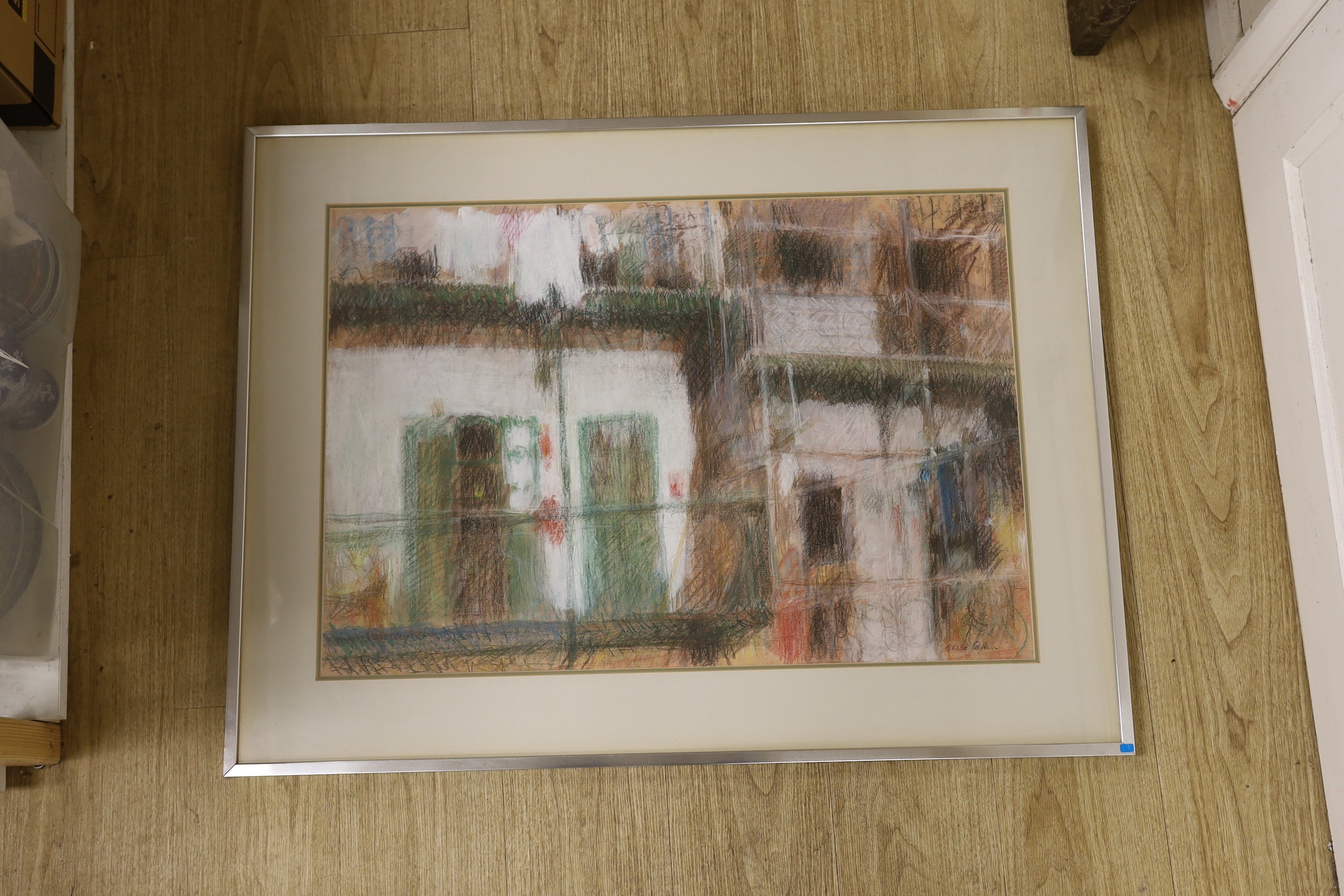 Elyse Parkin (20th C.), conté crayon, Street scene, signed, 54 x 79cm